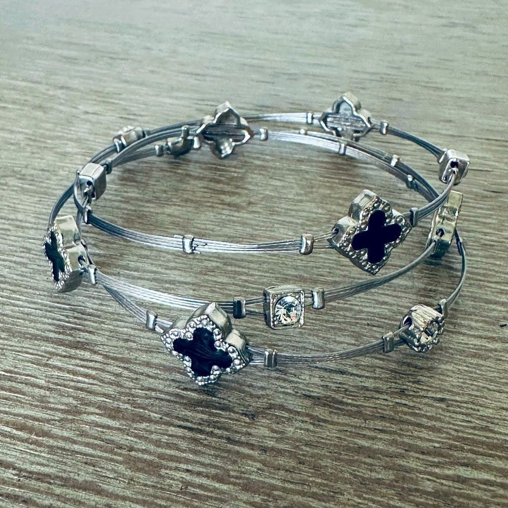 Guitar String Silver Crystal Charm Bangle Bracelet Set of 3